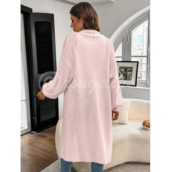 Fuzzy Chevron Pink White Open Cardigan Long Bishop Sleeve Soft - Picture 6 of 8